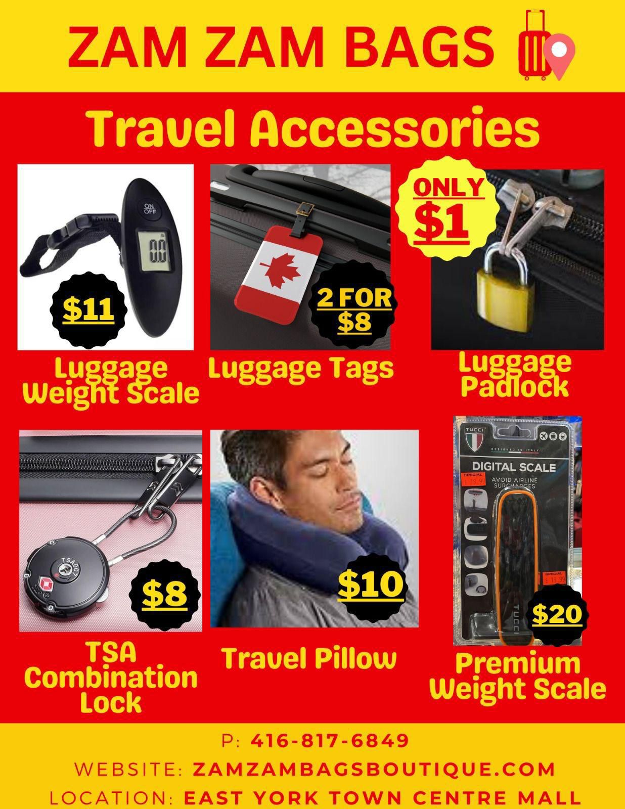 ZamZam Travel Accessories — Scales, Tags, Locks & Pillows